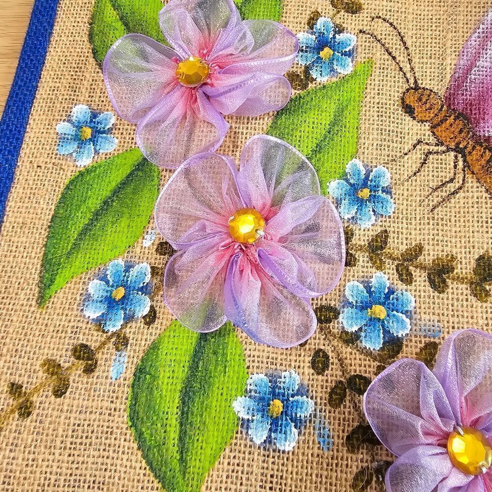 Hand-Made Tote Bag Jute Craft-Fabric Ribbon Flowers Hand Painted Butterfly Gift - Picture 2 of 7